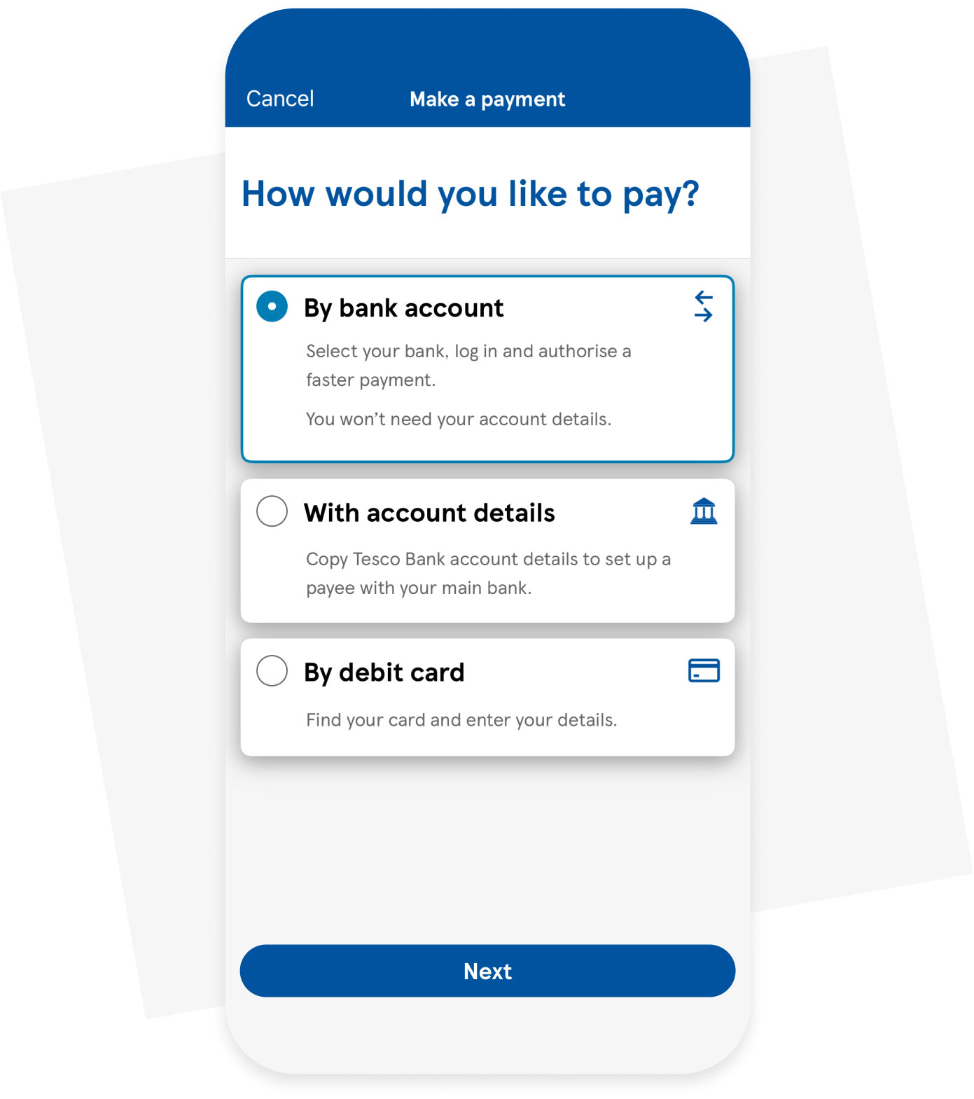 Make a payment screenshot of Mobile App showing Pay by Bank option selected.