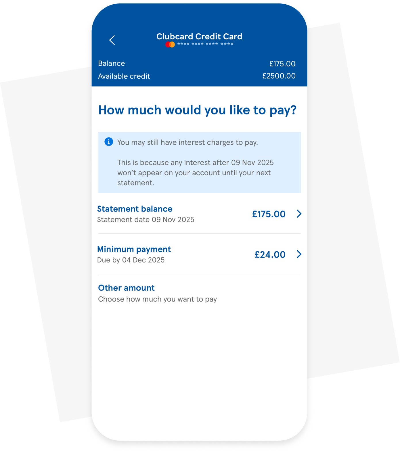 Screenshot of Mobile Banking App showing how much would you like to pay screen.